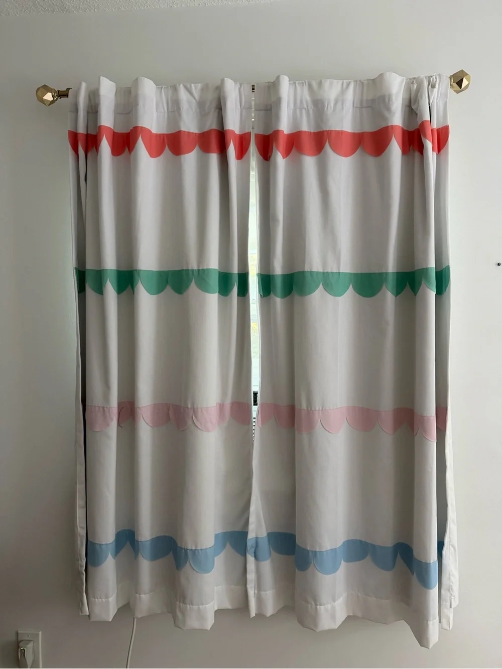 EUC - 6 Panels - Scallop Stripe Curtains in Soft Gray with Red/Green/Pink/Blue
